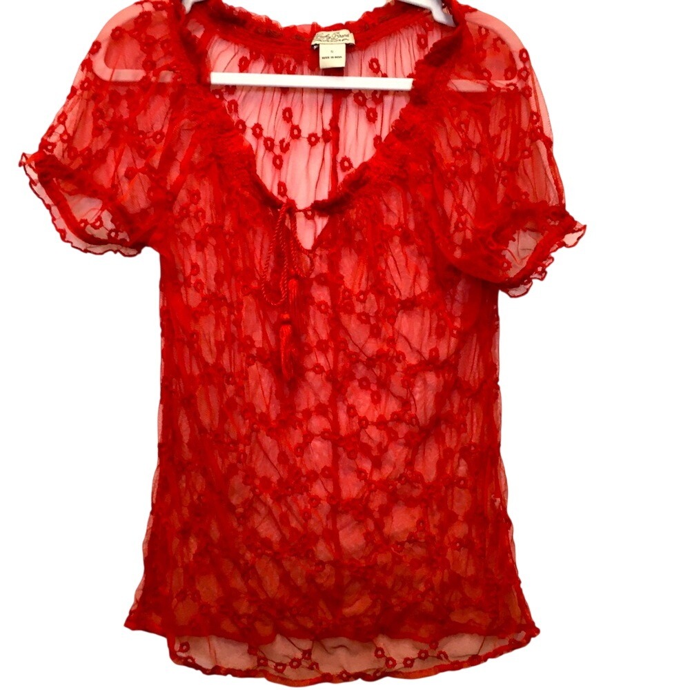 Lucky Brand Floral Embroidered Mesh Top Small Red Boho Sheer Romantic Y2K Fairy